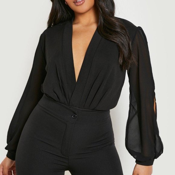 BNWT Boohoo PLUS WRAP CHIFFON SPLIT SLEEVE BODYSUIT - Picture 3 of 5